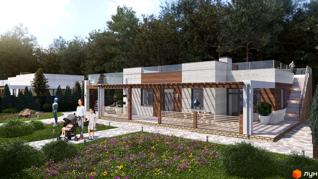 Котеджне містечко Vivere: двоповерховий будинок з дерев'яною перголою та скляними огорожами. На прибудинковій території – доглянутий газон з квітами, алея та скульптура.