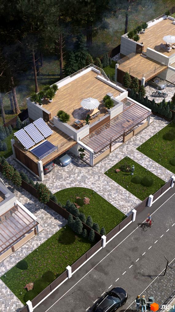 Котеджне містечко Vivere: триповерховий будинок з терасою, сонячними панелями та доглянутою прибудинковою територією з газоном та деревами.