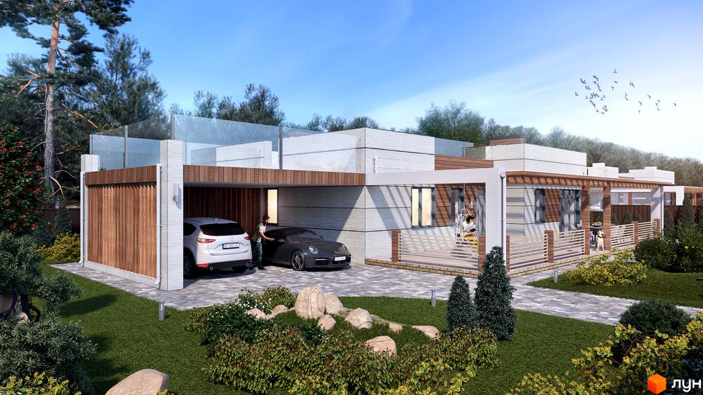 Котеджне містечко Vivere: сучасний котедж з гаражем та терасою, доглянутий газон, дерева та кущі, доріжки викладені плиткою.