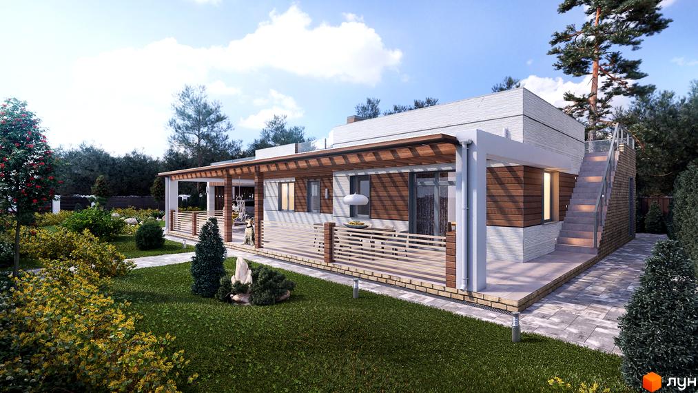 Зображення будинку Котеджного містечка Vivere з терасою та сходами на другий поверх, навколо доглянутий газон та зелені насадження.