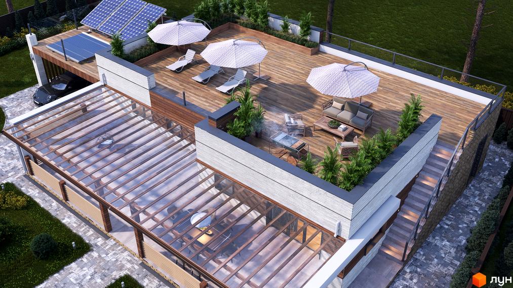 Вид на Котеджне містечко Vivere: будинок з сонячними панелями, терасою з меблями та скляною верандою.