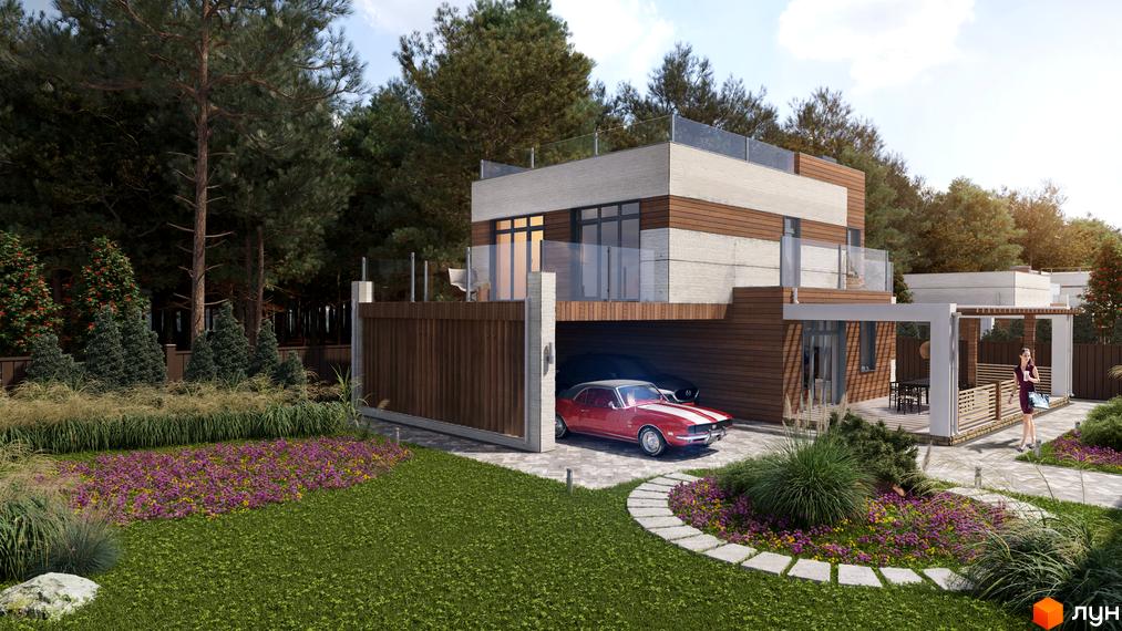 Котеджне містечко Vivere: двоповерховий будинок з дерев'яним та кам'яним оздобленням, навісом для авто та доглянутим подвір'ям з квітами.