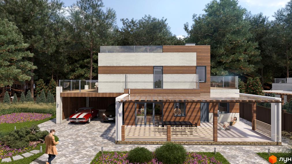 Котеджне містечко Vivere: двоповерховий будинок з коричневими та білими фасадами, терасою та навісом для автомобілів. На подвір'ї червоний ретро-автомобіль та зелені насадження.