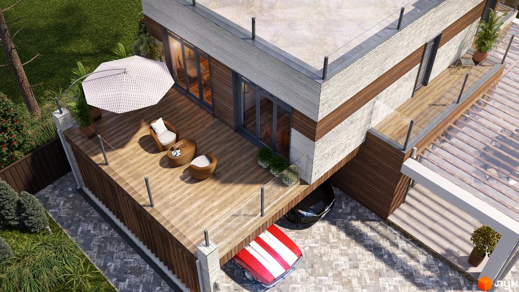 Зображення сторінки житлового комплексу КМ Vivere. Двоповерховий будинок з терасою, панорамними вікнами та місцем для паркування.