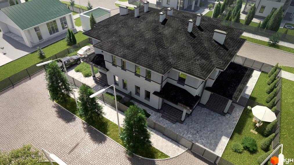 Котеджне містечко КМ Ecopark: двоповерховий будинок з сірим дахом та білими стінами, огороджена територія з газоном та деревами.