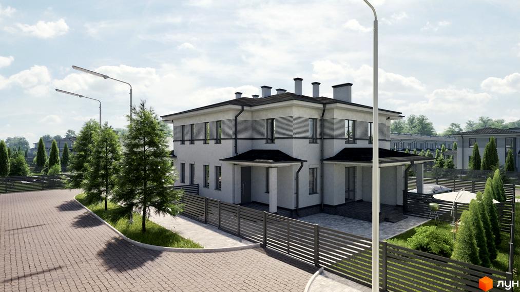 Двоповерховий будинок в Котеджному містечку Ecopark з темним дахом та світлим фасадом. На території є зелені насадження та паркан.