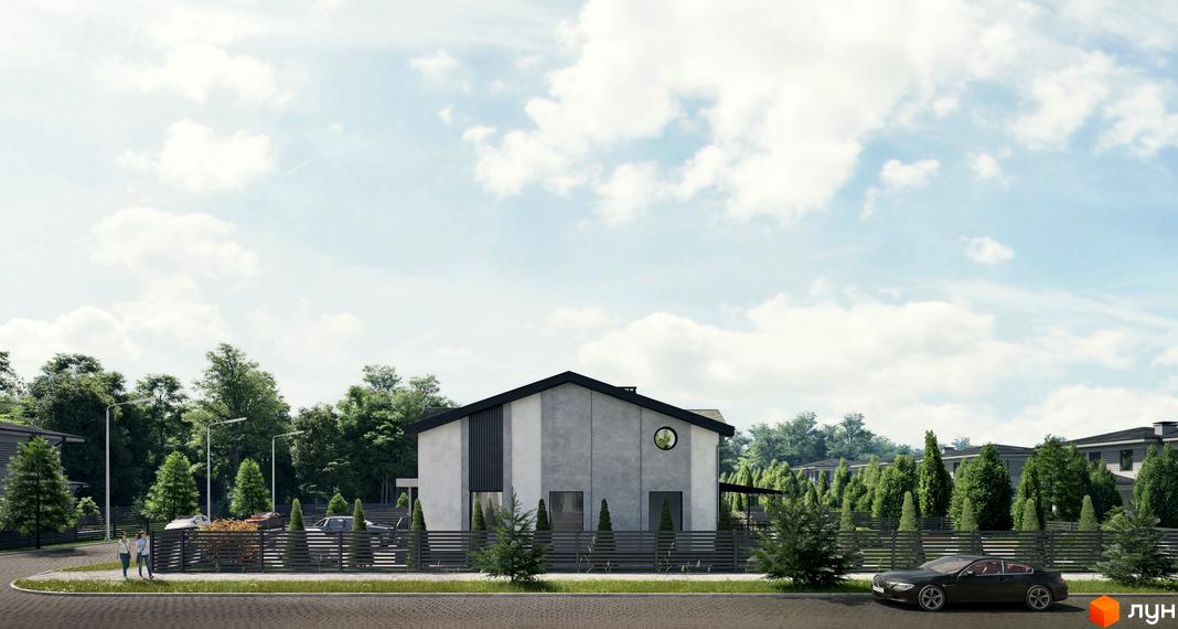 Фасад будинку з сірим оздобленням, чорним дахом та круглим вікном. Перед будинком розташована огорожа та зелені насадження, поруч припаркований автомобіль.