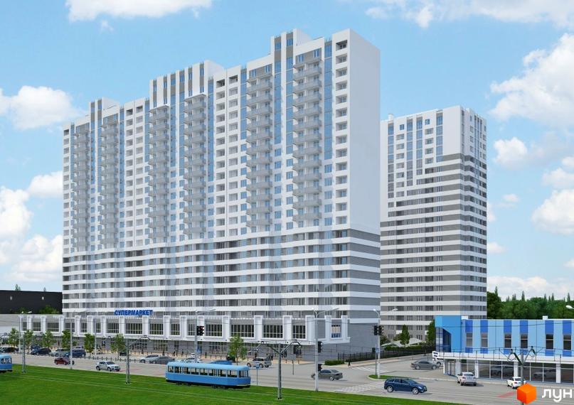 Високі білі будинки ЖК Альтаїр з балконами та скляними вікнами. На передньому плані зелена зона, дорога та блакитний трамвай.