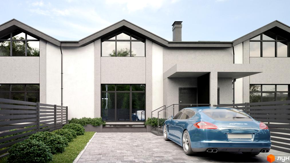 Котеджне містечко КМ Ecopark з сучасним фасадом та автомобілем Porsche на подвір'ї. Зелені кущі та паркан оточують територію.