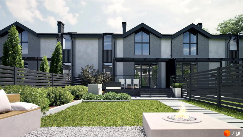 Котеджне містечко KМ Ecopark з сірими фасадами та великими вікнами, зеленою галявиною та доріжкою з вогнищем.