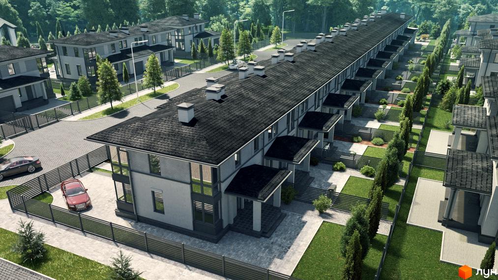 Котеджне містечко KМ Ecopark з сучасними будинками та доглянутими прибудинковими територіями. Комплекс розташований серед зелені, створюючи затишну атмосферу.