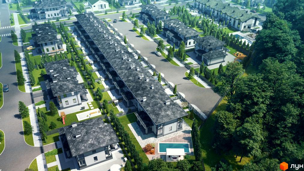 Котеджне містечко Ecopark. Сучасні таунхауси з індивідуальними ділянками та басейнами, оточені зеленню.