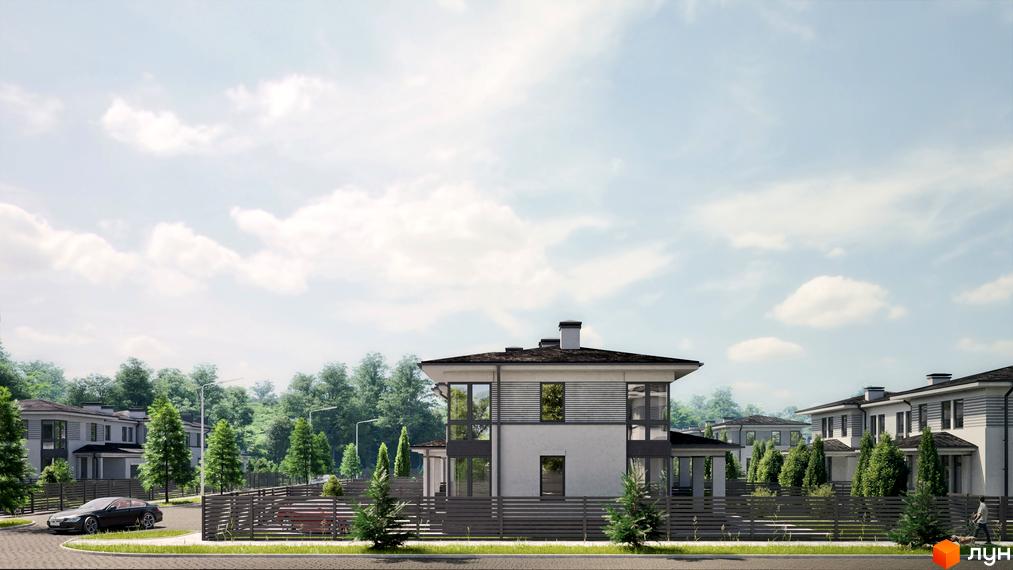 Котеджне містечко KMEcopark: двоповерхові будинки з великими вікнами та сірими парканами, зелені насадження та доглянута прибудинкова територія.