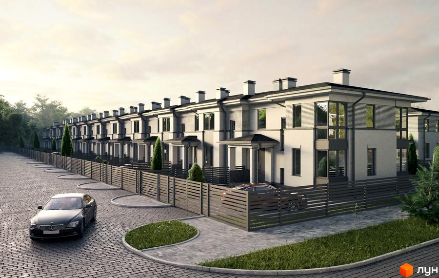 Котеджне містечко КМ Ecopark - фасади будинків з великими вікнами та димоходами, огороджена територія з парканом та доглянутим газоном.