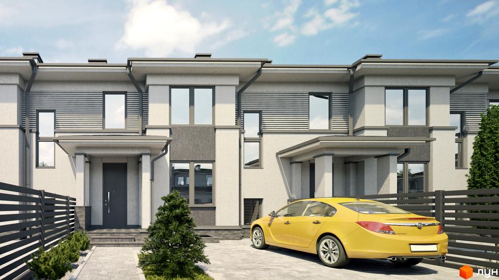 Котеджне містечко КМ Ecopark: фасади будинків з великими вікнами та горизонтальними ламелями, прибудинкова територія з доріжками та автомобілем.