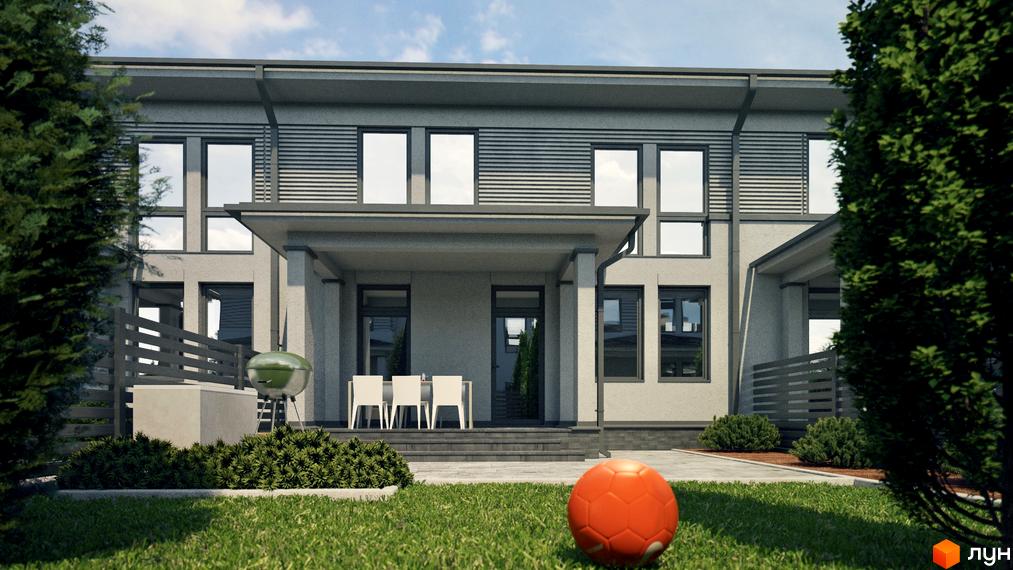 Котеджне містечко Ecopark: двоповерхові будинки з великими вікнами та терасою, зелений газон та дитячий майданчик.