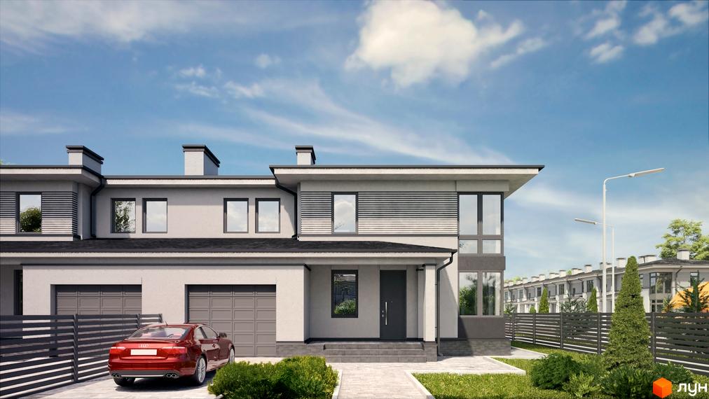 Двоповерховий будинок в Котеджному містечку Ecopark з гаражем та червоним автомобілем на подвір'ї. На території є зелені насадження та кована огорожа.