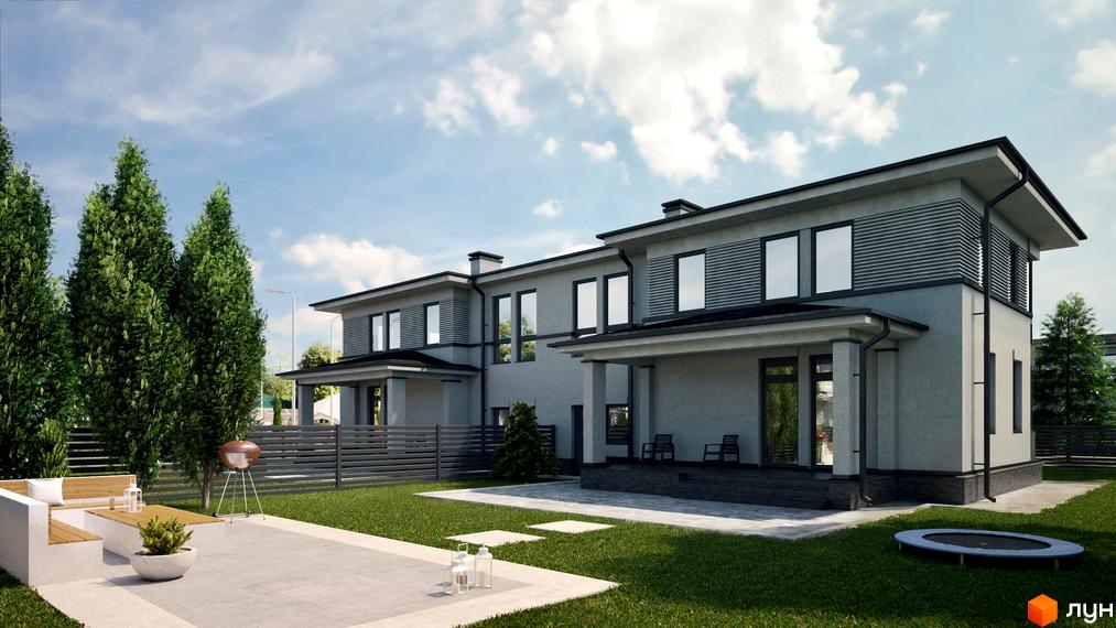 Двоповерховий будинок з великими вікнами та терасою. На прибудинковій території газон, дерева та зона відпочинку з барбекю.