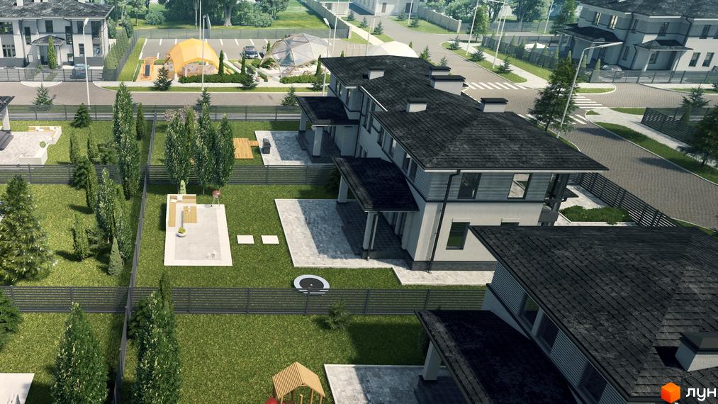 Котеджне містечко Ecopark: сучасні будинки з темними дахами та акуратними подвір'ями з газоном, терасами та дитячими майданчиками.