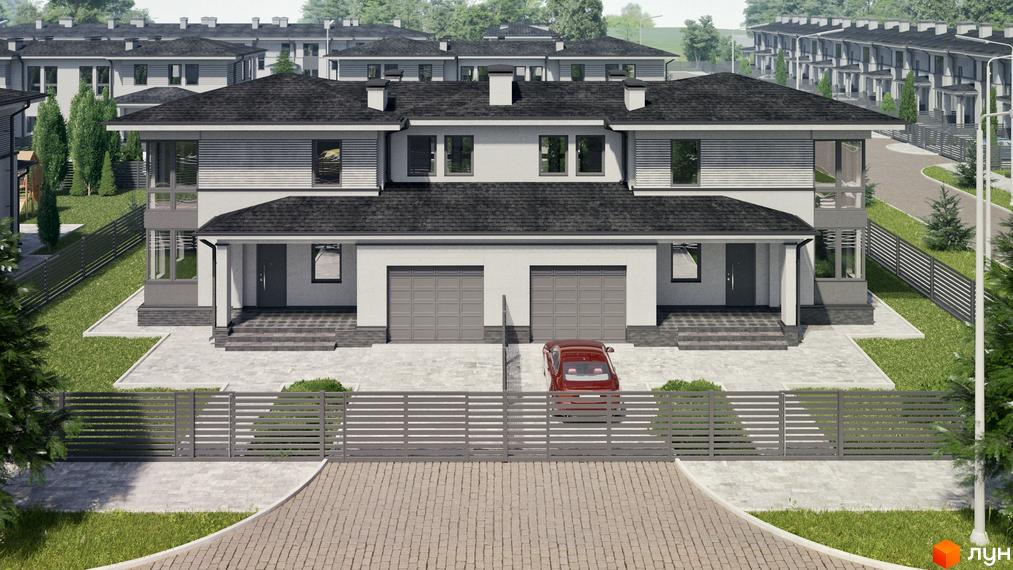 Двоповерховий будинок з гаражем та червоним автомобілем, перед будинком бруківка та сірий паркан. КМ Ecopark - ідеальне місце для вашого життя.