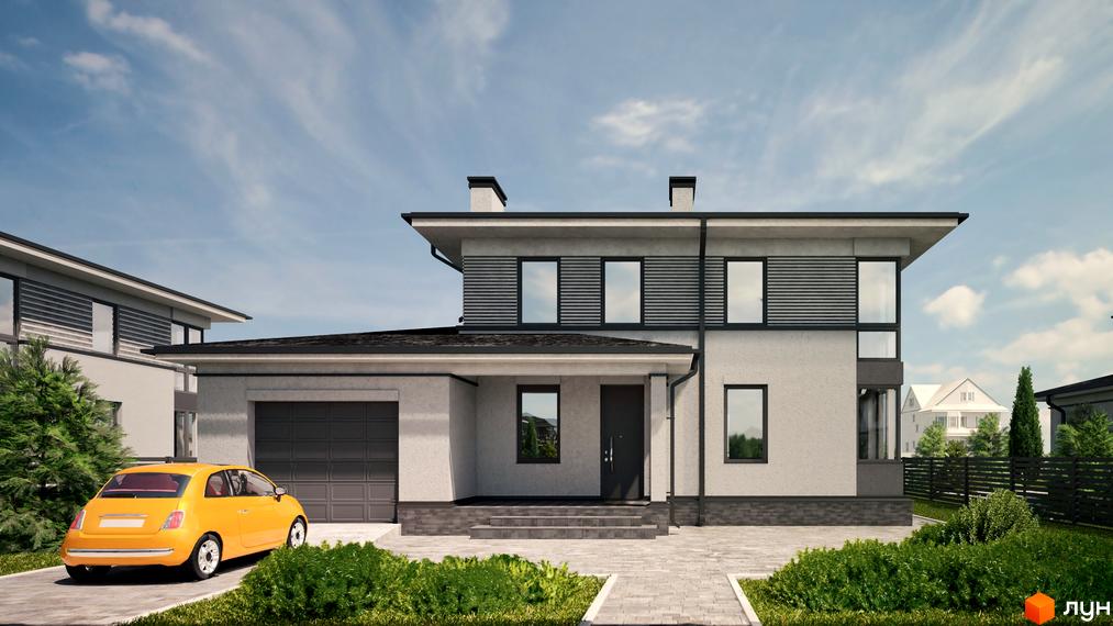 Котеджне містечко КМ Ecopark: двоповерховий будинок з гаражем, великими вікнами та прибудинковою територією з автомобілем та зеленими насадженнями.