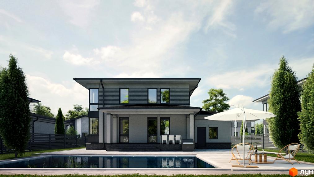 Котеджне містечко Ecopark з басейном та зоною відпочинку. Сучасний двоповерховий будинок з великими вікнами та терасою.