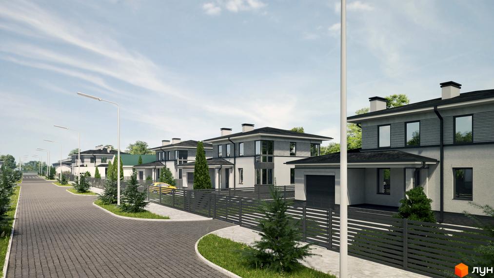 Котеджне містечко Ecopark: двоповерхові будинки з сірими фасадами, темними дахами та огородженою територією. На вулиці висаджені дерева та кущі.