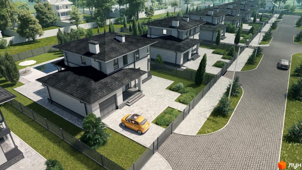 Котеджне містечко КМ Ecopark: двоповерхові будинки з сірими дахами, приватні дворики з басейном та паркуванням, огороджені парканами.