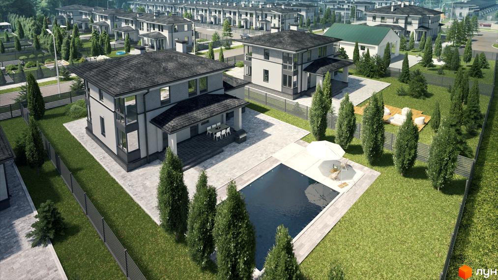 Двоповерховий будинок з темною покрівлею та панорамними вікнами. На території Котеджне містечко Ecopark є басейн, зона відпочинку та зелені насадження.