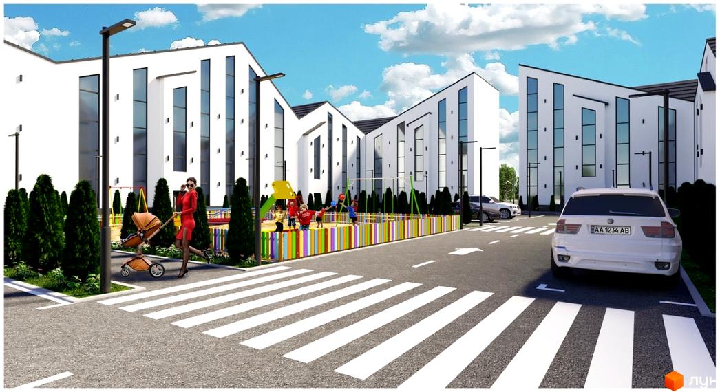 Житловий комплекс Aura Center з білими фасадами та великими вікнами, дитячим майданчиком та парковкою.