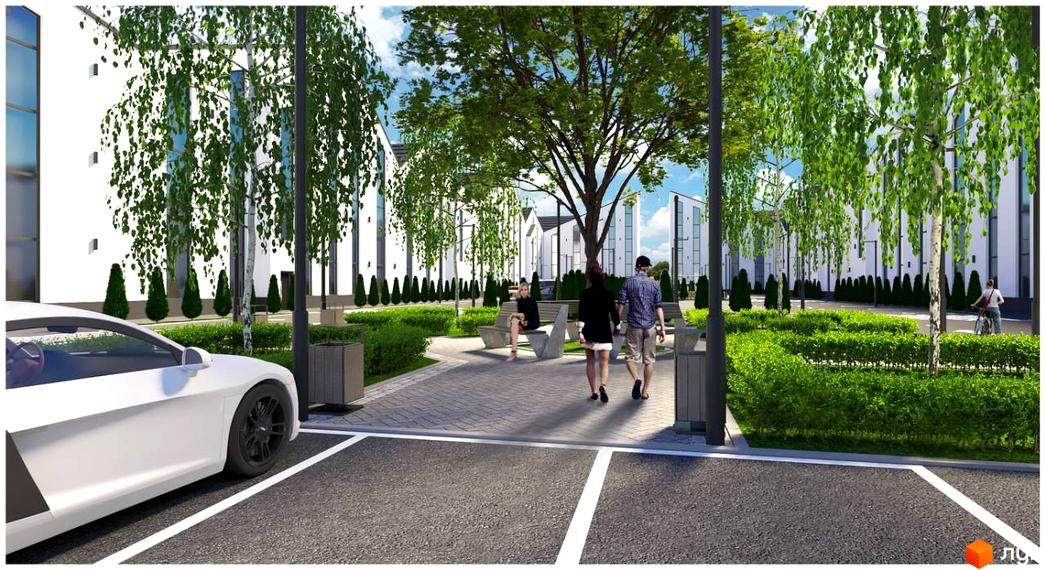 Житловий комплекс Aura Center з білими будівлями та зеленими насадженнями. На території є місця для відпочинку, дерева та парковка.