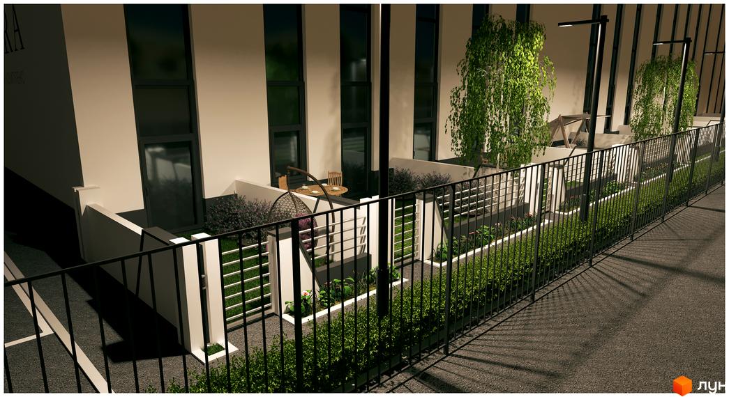 Житловий комплекс Aura Center з прибудинковою територією, що включає зелені насадження, зони відпочинку та огорожу.