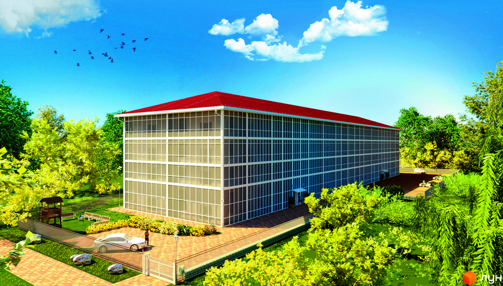 Новобудова з червоним дахом, великими вікнами та доглянутою прибудинковою територією з зеленими насадженнями та дитячим майданчиком. ЖК Сузір'я 2020.