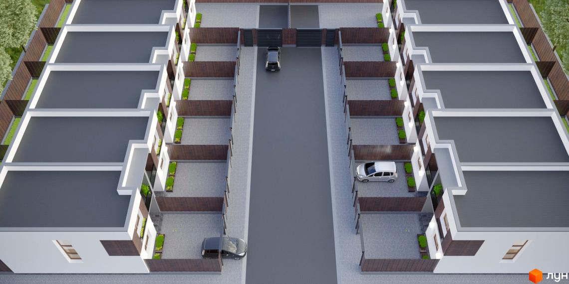 Зовнішній вигляд таунхаусів Гармонія-4 з паркомісцями та доглянутими зеленими зонами. Комплекс має акуратну прибудинкову територію з доріжками та огорожею.