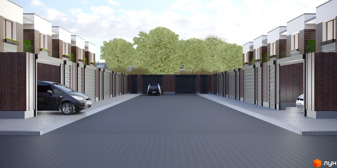 Таунхауси Гармонія-4 з сучасними фасадами та індивідуальними гаражами. Прибудинкова територія з доглянутими деревами та паркувальними місцями.