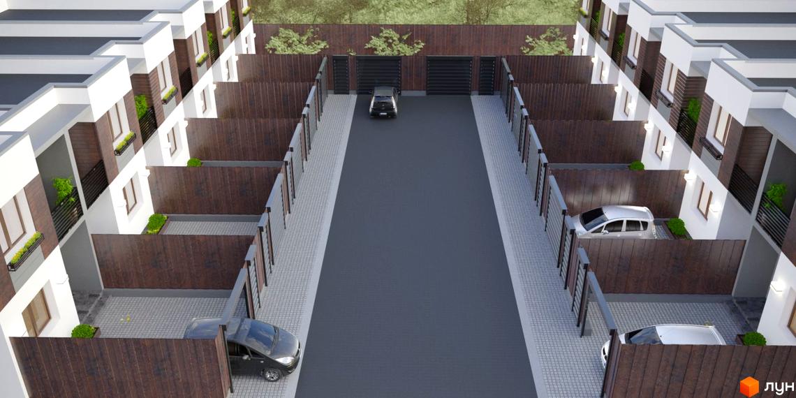 Таунхауси Гармонія-4 з індивідуальними гаражами та паркомісцями. Зовнішній вигляд будинків з коричневими фасадами та білими елементами.