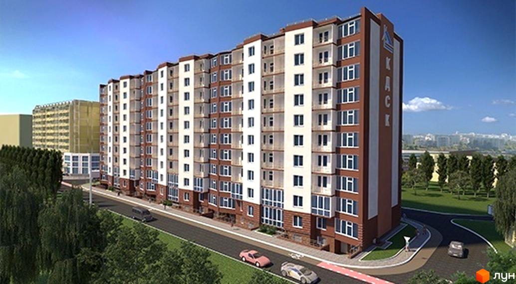 Житловий комплекс Dominant з коричнево-бежевим фасадом та численними вікнами. Навколо будинку дорога, зелені насадження та інші міські будівлі.