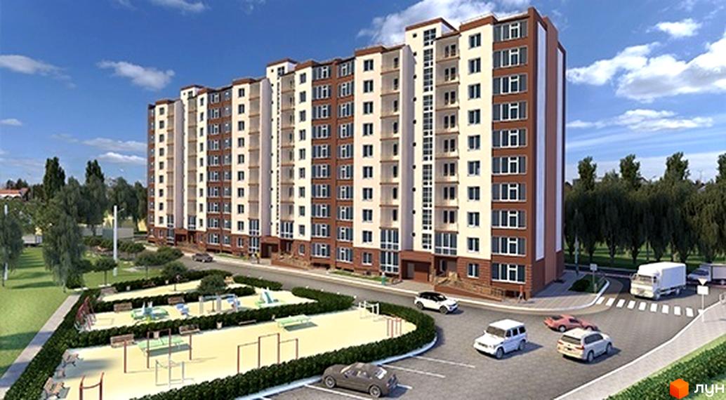 Зображення багатоповерхового будинку з великою кількістю вікон. На прибудинковій території розташований дитячий майданчик та парковка.