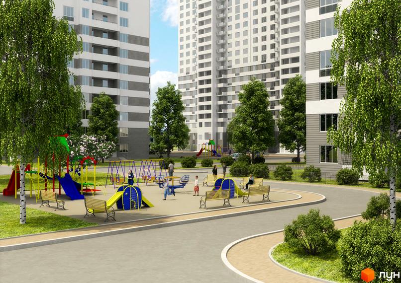 Житловий комплекс Альтаїр з дитячим майданчиком та лавками для відпочинку. Високі будинки з великими вікнами на тлі блакитного неба.