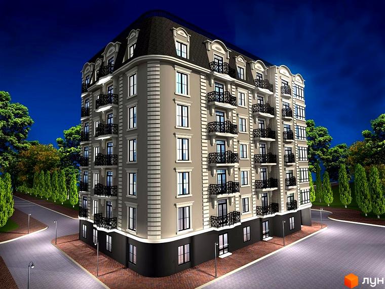 Житловий комплекс Діамант Хол – це багатоповерхова новобудова з балконами та мансардними вікнами, розташована біля дороги з вуличним освітленням та зеленими насадженнями.