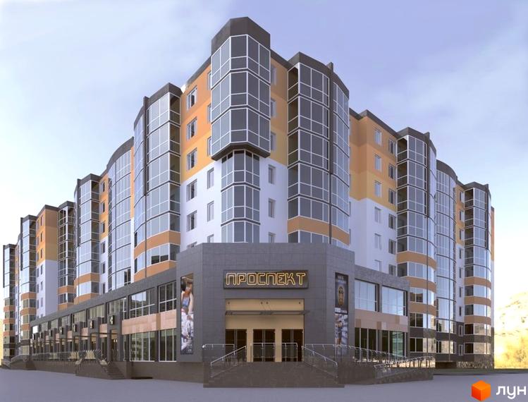 Багатоповерхова будівля з панорамними вікнами. На першому поверсі розташовані комерційні приміщення, перед будівлею є сходи та невелика площа.