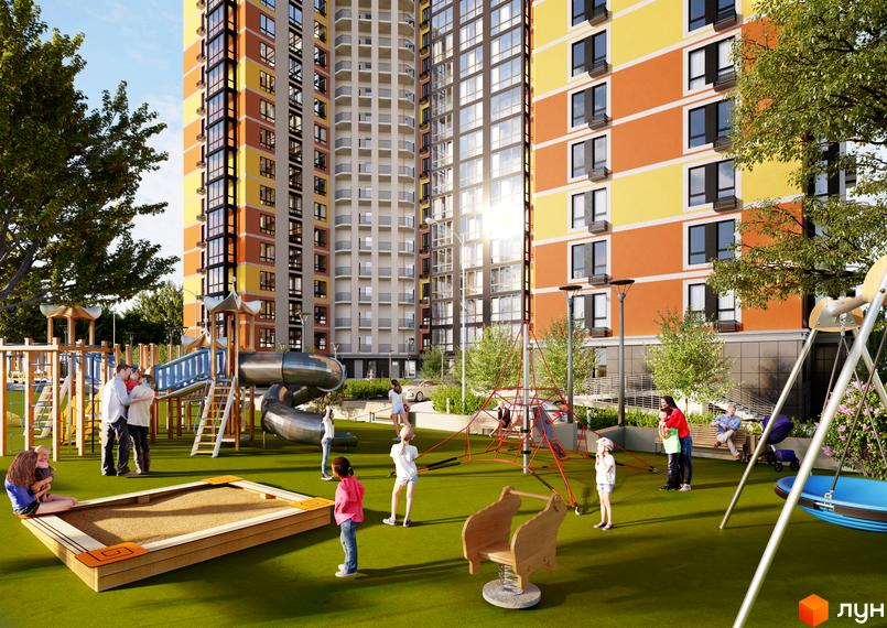 Житловий комплекс Eco Dream з яскравим фасадом та дитячим майданчиком. На території комплексу розташовані сучасні дитячі ігрові зони, гірки та гойдалки.