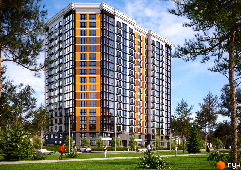 Житловий комплекс Eco Dream – висотна новобудова з панорамними вікнами та яскравим фасадом. Навколо будинку зелена зона з деревами та місцями для відпочинку.