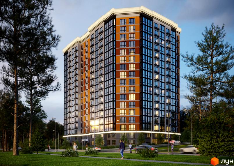 Новобудова ЖК Eco Dream з панорамним склінням та оранжевими вставками. Навколо будинку зелена зона з деревами та людьми, що гуляють.