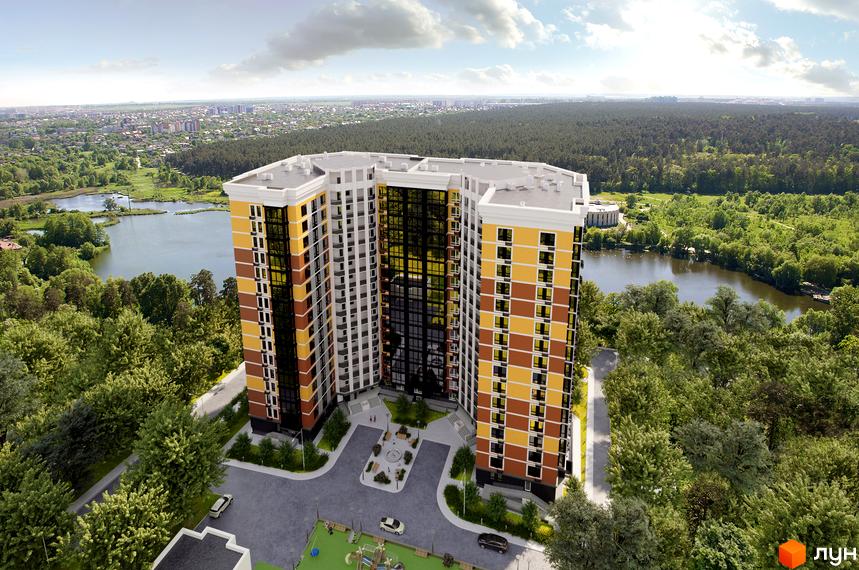 Житловий комплекс Eco Dream з фасадами жовтого та коричневого кольорів, оточений зеленню та озером. На території розташовані дитячий майданчик та місця для відпочинку.