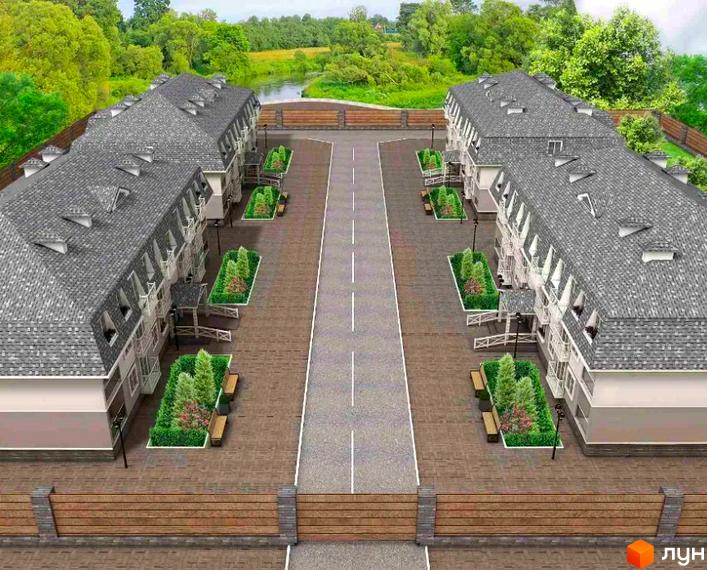 Зовнішній вигляд будинків ЖК Belveder City Smart з сірими дахами та прибудинковою територією з зеленими насадженнями та лавками.