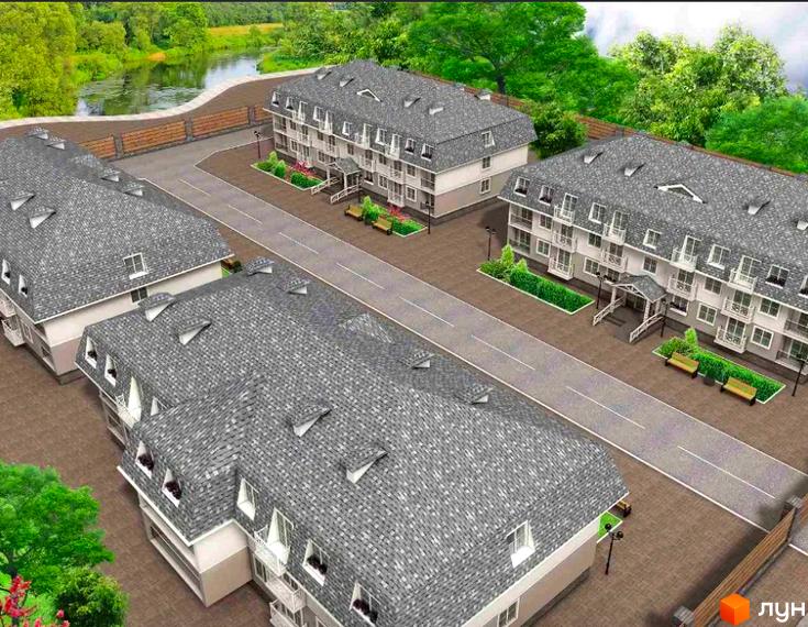 Житловий комплекс Belveder City Smart з сірими дахами та балконами, оточений зеленню та дорогою.