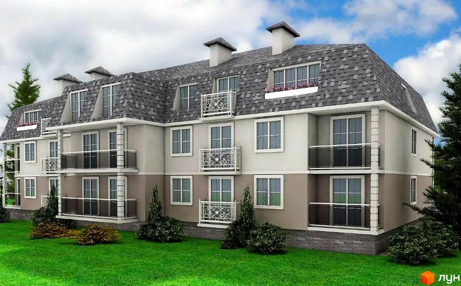 Житловий комплекс Belveder City Smart - триповерхова будівля з мансардним дахом, балконами та зеленим газоном навколо. Зовнішній вигляд будинку та прибудинкова територія.