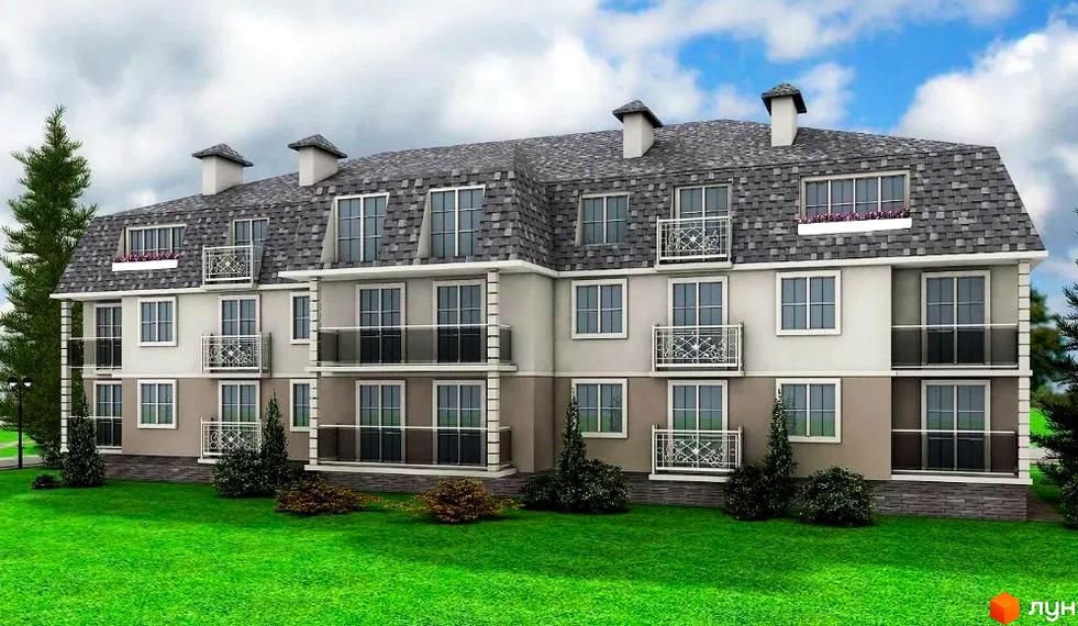 Зовнішній вигляд ЖК Belveder City Smart: триповерховий будинок з мансардою, сірим дахом та балконами. Прибудинкова територія з доглянутим газоном та деревами.