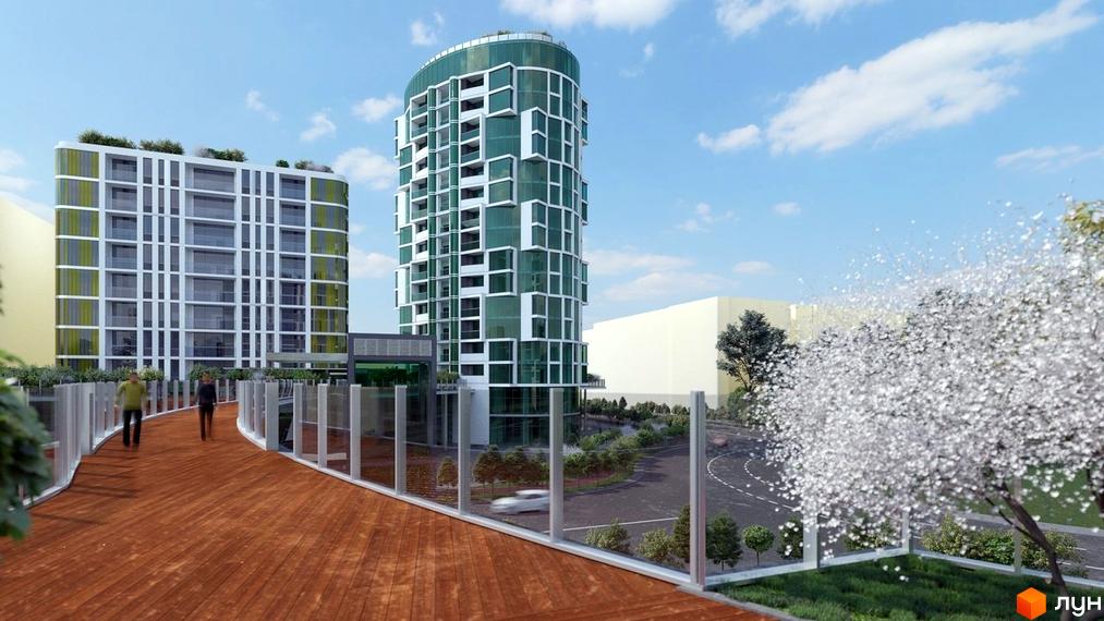 Житловий комплекс Смарагдові вежі з незвичайною фасадною архітектурою та зеленою зоною навколо. Зовнішній вигляд новобудови вражає футуристичним дизайном.